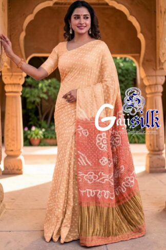 Coral Pitch Rai Dano Bandhani Saree in Pure Gaji Silk