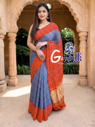 Dark Silver Orange Rai Dano Bandhani Saree in Pure Gaji Silk