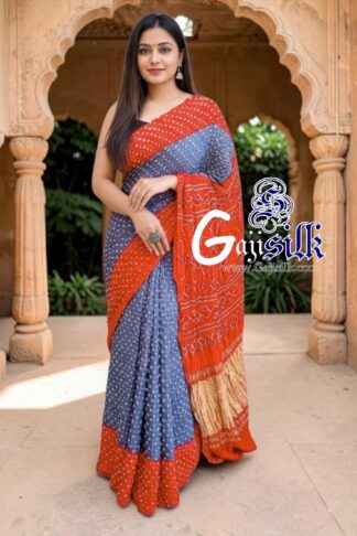 Dark Silver Orange Rai Dano Bandhani Saree in Pure Gaji Silk