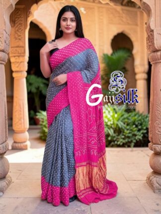 Dark Silver Pink Green Rai Dano Bandhani Saree in Pure Gaji Silk