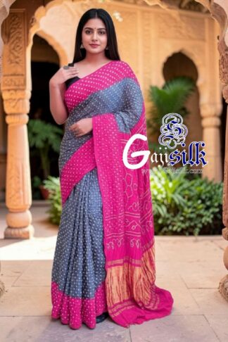 Dark Silver Pink Green Rai Dano Bandhani Saree in Pure Gaji Silk