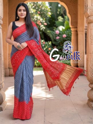 Dark Silver Red Rai Dano Bandhani Saree in Pure Gaji Silk
