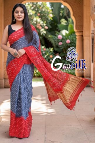 Dark Silver Red Rai Dano Bandhani Saree in Pure Gaji Silk