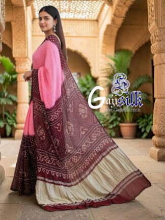 Pink Maroon Rai Dano Bandhani Saree in Pure Gaji Silk