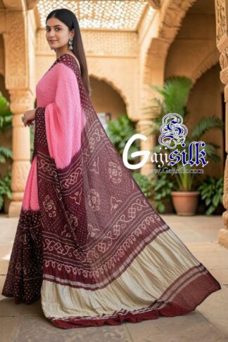 Pink Maroon Rai Dano Bandhani Saree in Pure Gaji Silk
