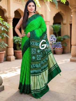 Parrot Green Rai Dano Bandhani Saree in Pure Gaji Silk