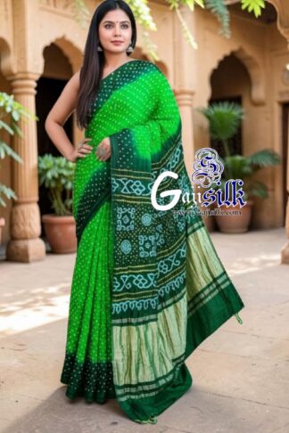Parrot Green Rai Dano Bandhani Saree in Pure Gaji Silk