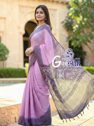Lilac Pink Wine Purple Rai Dano Bandhani Saree in Pure Gaji Silk