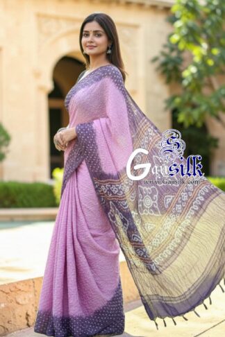 Lilac Pink Wine Purple Rai Dano Bandhani Saree in Pure Gaji Silk