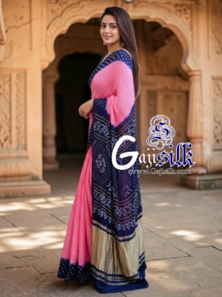 Pink Navy Blue Rai Dano Bandhani Saree in Pure Gaji Silk