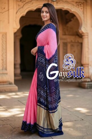 Pink Navy Blue Rai Dano Bandhani Saree in Pure Gaji Silk