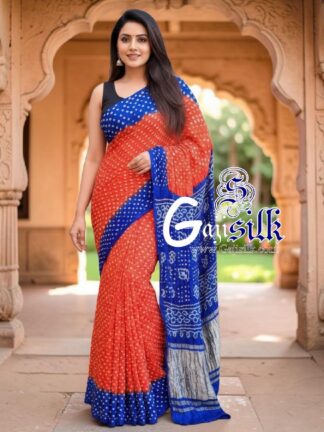 Orange Blue Rai Dano Bandhani Saree in Pure Gaji Silk