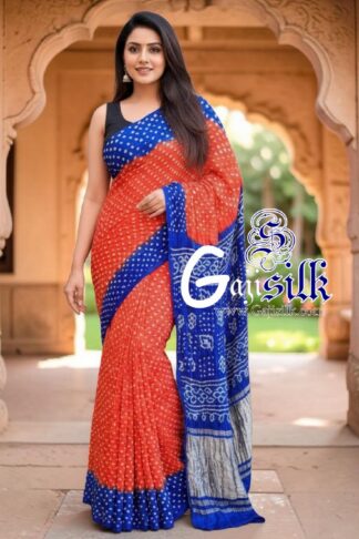 Orange Blue Rai Dano Bandhani Saree in Pure Gaji Silk