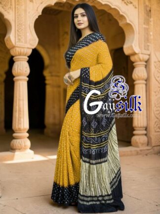 Mustered Yellow Black Rai Dano Bandhani Saree in Pure Gaji Silk (Copy)
