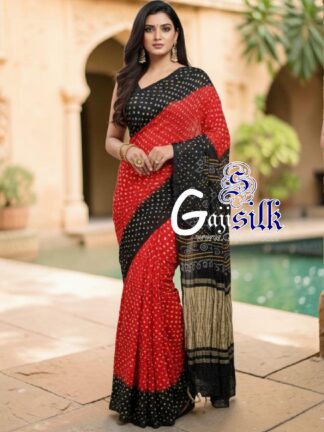 Red Black Rai Dano Bandhani Saree in Pure Gaji Silk