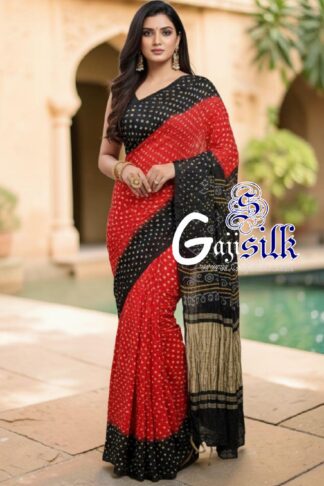 Red Black Rai Dano Bandhani Saree in Pure Gaji Silk