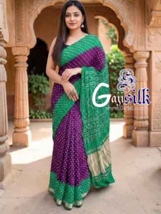 Brinjal Sea Green Rai Dano Bandhani Saree in Pure Gaji Silk