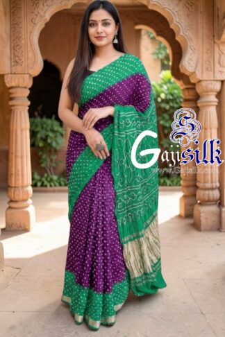 Brinjal Sea Green Rai Dano Bandhani Saree in Pure Gaji Silk