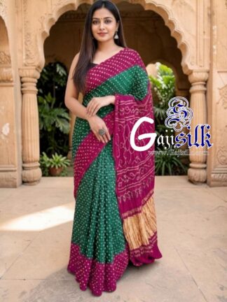 Magenta Emerald Green Rai Dano Bandhani Saree in Pure Gaji Silk
