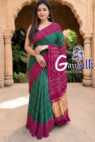 Magenta Emerald Green Rai Dano Bandhani Saree in Pure Gaji Silk