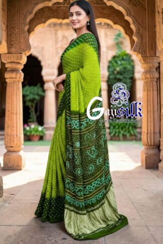 Lime Forest Green Rai Dano Bandhani Saree in Pure Gaji Silk