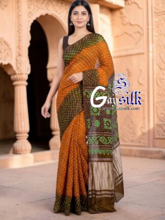 Mustered Orange Choco Rai Dano Bandhani Saree in Pure Gaji Silk