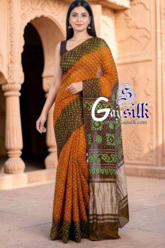 Mustered Orange Choco Rai Dano Bandhani Saree in Pure Gaji Silk