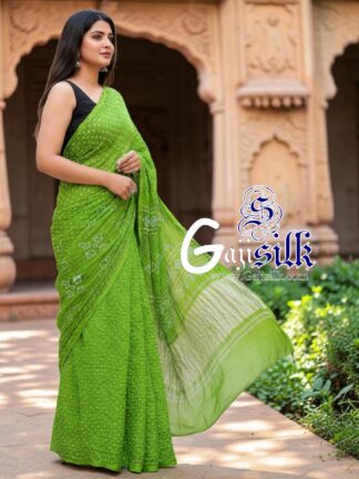Parrot Rai Dano Bandhani Saree in Pure Gaji Silk