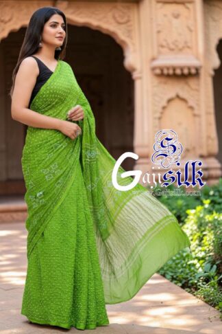Parrot Rai Dano Bandhani Saree in Pure Gaji Silk