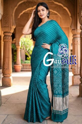 Teal Rai Dano Bandhani Saree in Pure Gaji Silk