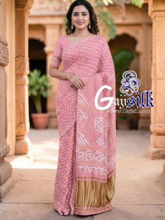 Baby Pink Rai Dano Bandhani Saree in Pure Gaji Silk