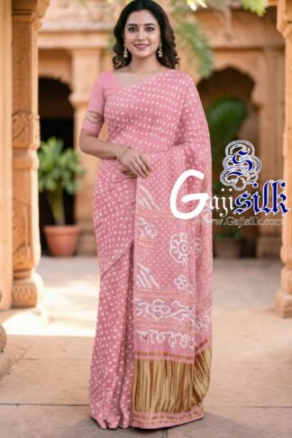 Baby Pink Rai Dano Bandhani Saree in Pure Gaji Silk