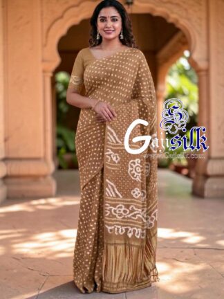 Beige Rai Dano Bandhani Saree in Pure Gaji Silk