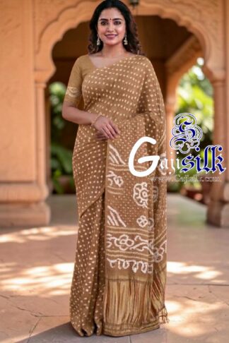 Beige Rai Dano Bandhani Saree in Pure Gaji Silk
