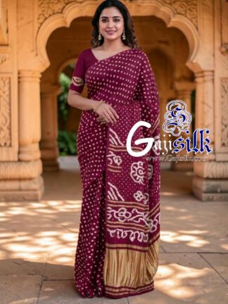 Wine Rai Dano Bandhani Saree in Pure Gaji Silk