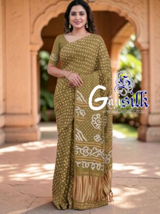 Khaki Rai Dano Bandhani Saree in Pure Gaji Silk