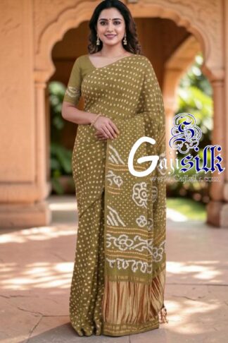 Khaki Rai Dano Bandhani Saree in Pure Gaji Silk