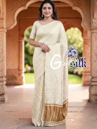 Off White Rai Dano Bandhani Saree in Pure Gaji Silk