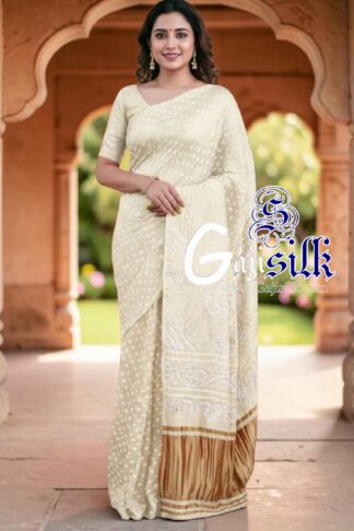 Off White Rai Dano Bandhani Saree in Pure Gaji Silk