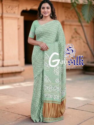 Mint Green Pastel Rai Dano Bandhani Saree in Pure Gaji Silk