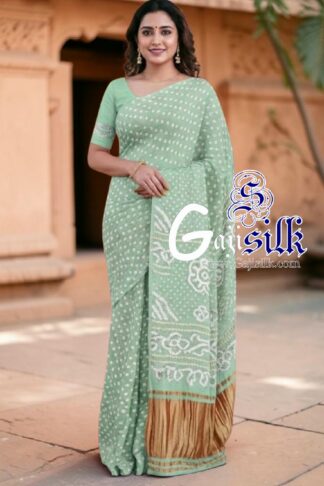 Mint Green Pastel Rai Dano Bandhani Saree in Pure Gaji Silk