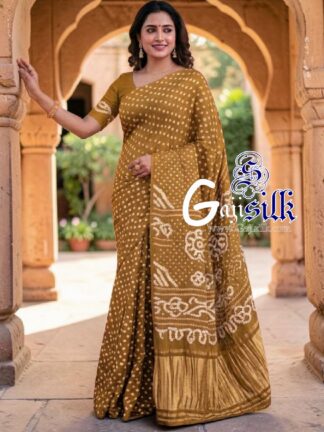 Olive Gold Rai Dano Bandhani Saree in Pure Gaji Silk