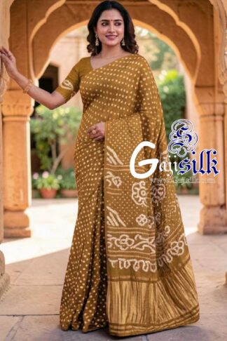 Olive Gold Rai Dano Bandhani Saree in Pure Gaji Silk