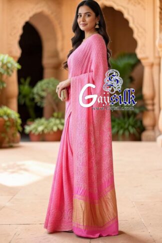Pink Rai Dano Bandhani Saree in Pure Gaji Silk