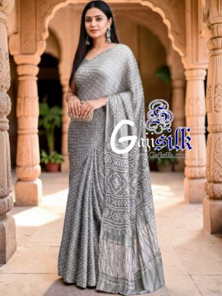 Silver Rai Dano Bandhani Saree in Pure Gaji Silk