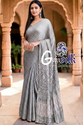 Silver Rai Dano Bandhani Saree in Pure Gaji Silk