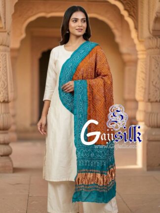 Sky Mustard Rust Bavan Baug Bandhani Dupatta in Pure Gaji Silk