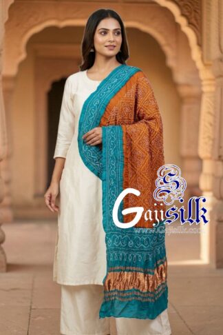 Sky Mustard Rust Bavan Baug Bandhani Dupatta in Pure Gaji Silk
