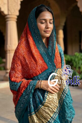Peacock Rust Bavan Baug Bandhani Dupatta in Pure Gaji Silk