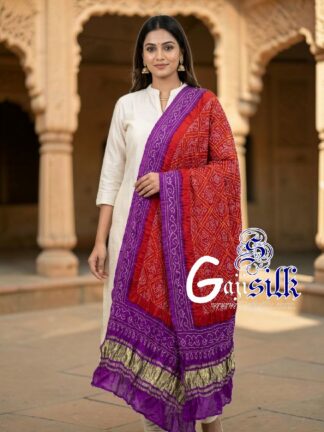 Magenta Red Bavan Baug Bandhani Dupatta in Pure Gaji Silk